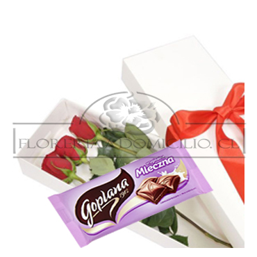 Caja con 03 Rosas ms Chocolate de Leche Goplana 90 Grs