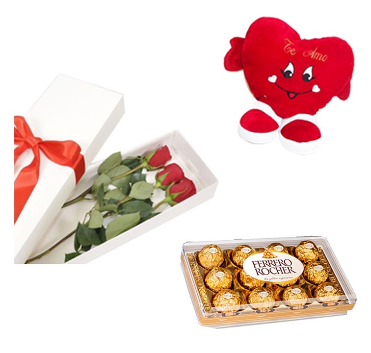 Caja con 03 Rosas m�s Ferrero Rocher 150 Grs y Peluche Coraz�n