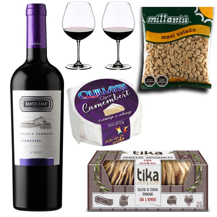 Vino, Queso Camembert, Galletas Crackers, Man� y Copas