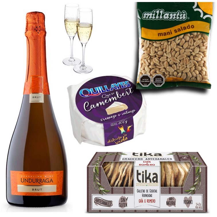 Champagne 750 cc, Queso Camembert, Galletas Crackers Artesanales, Man� y Copas