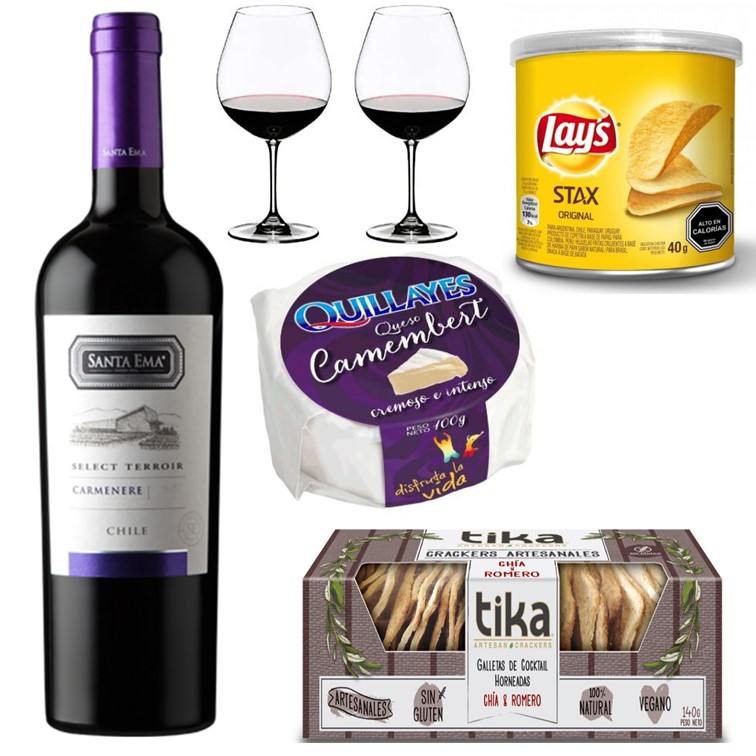 Champagne 750 cc, Queso camembert, Galletas Crackers Artesanales, Papas Fritas y Copas