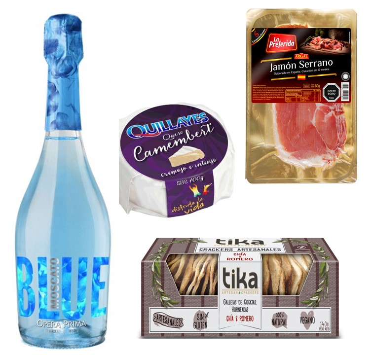 Espumante Opera Prima Blue, Queso camembert, Jam�n Serrano, Galletas Crackers