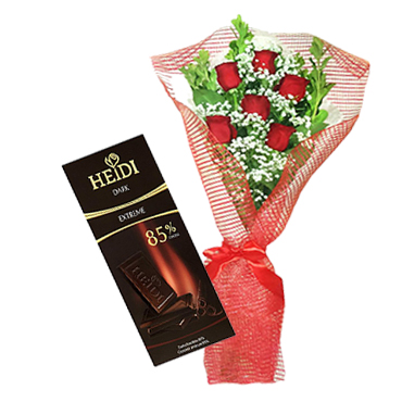 Ramo de 06 Rosas más Tableta de Chocolate Dark 80 Grs 