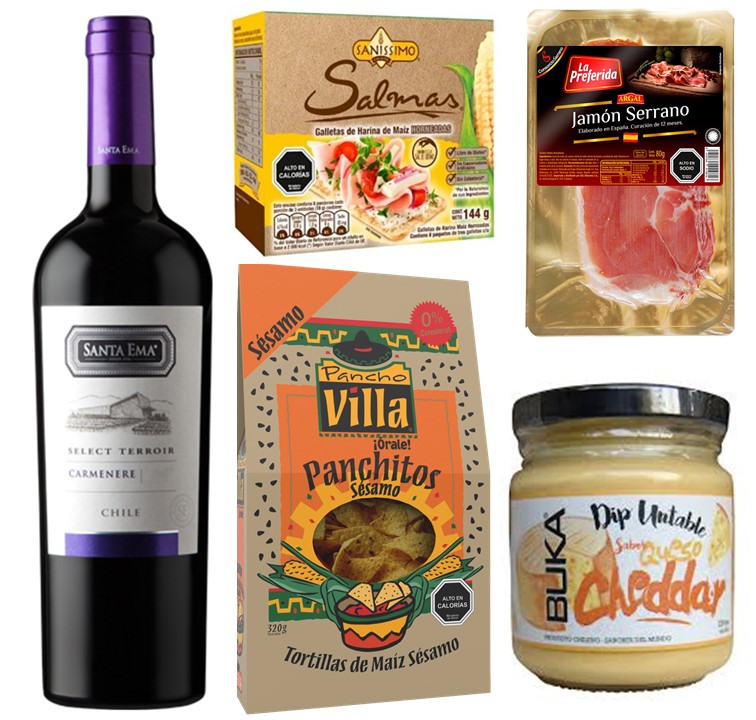 Vino, Jam�n Serrano, Tortillas de Maiz, Salsa y Galletas Saludables