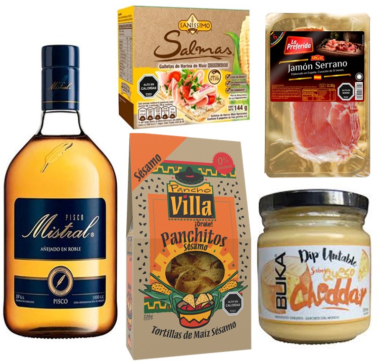 Pisco Mistral, Jam�n Serrano, Tortillas de Maiz, Salsa y Galletas Saludables