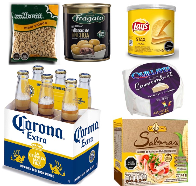 Cerveza Corona, Queso camembert, Aceitunas, Galletas Saludables, Man� y Papas