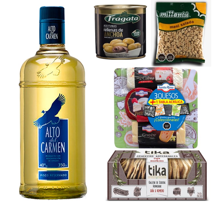 Pisco Alto Del Carmen, Tabla 3 Quesos, Galletas Crackers, Aceitunas y Man�