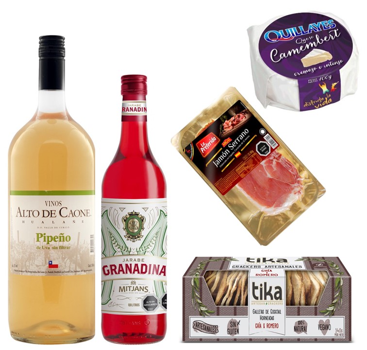 Vino Pipe�o, Jarabe De Granadina, Queso Camembert, Jam�n Serrano y Galletas Crackers