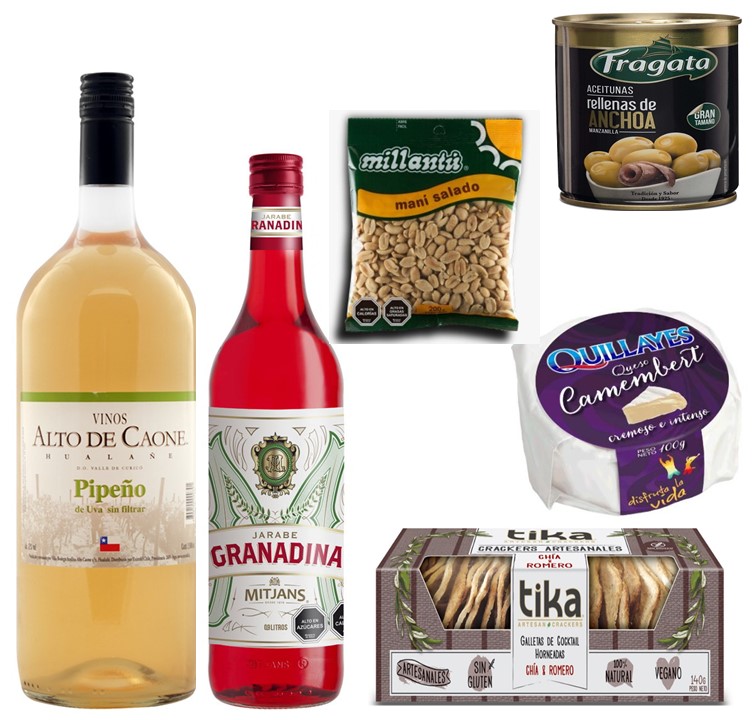 Vino Pipe�o, Jarabe De Granadina,Queso camembert, Galletas Crackers, Man� Y Aceitunas