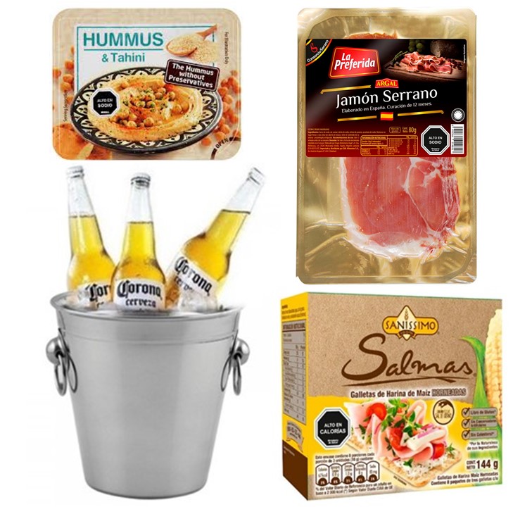Hielera con 3 Cervezas, Hummus, Jam�n Serrano y Galletas Saludables
