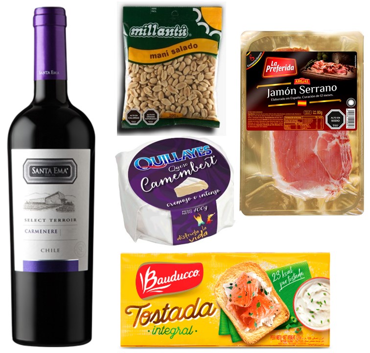 Vino, Queso Camembert, Jam�n Serrano, Man� y Tostadas