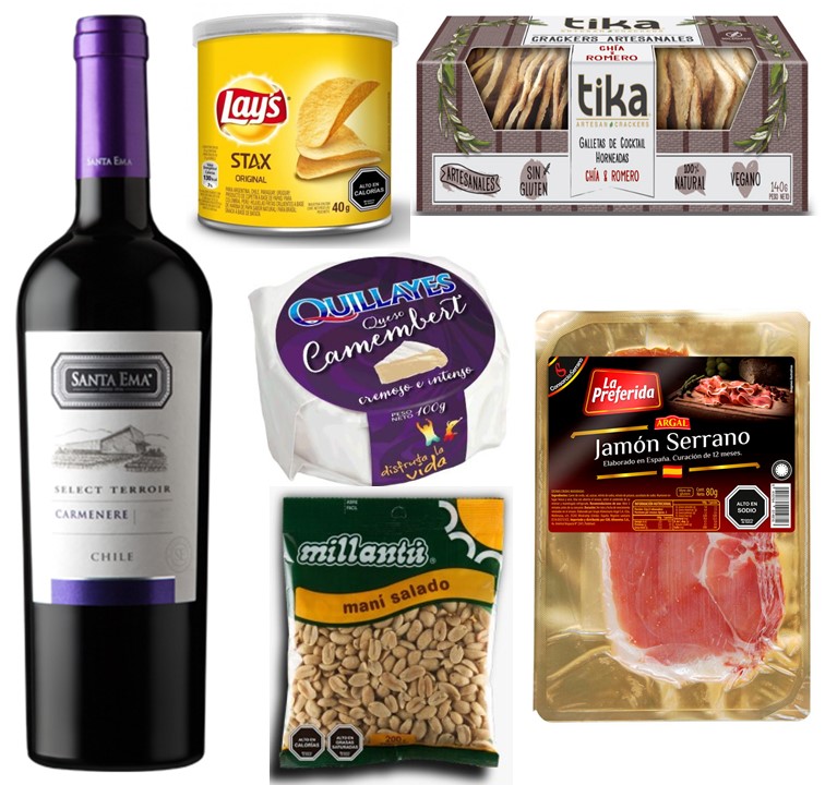  Vino, Queso Camembert, Jam�n Serrano, Man�, Tostadas y Papas