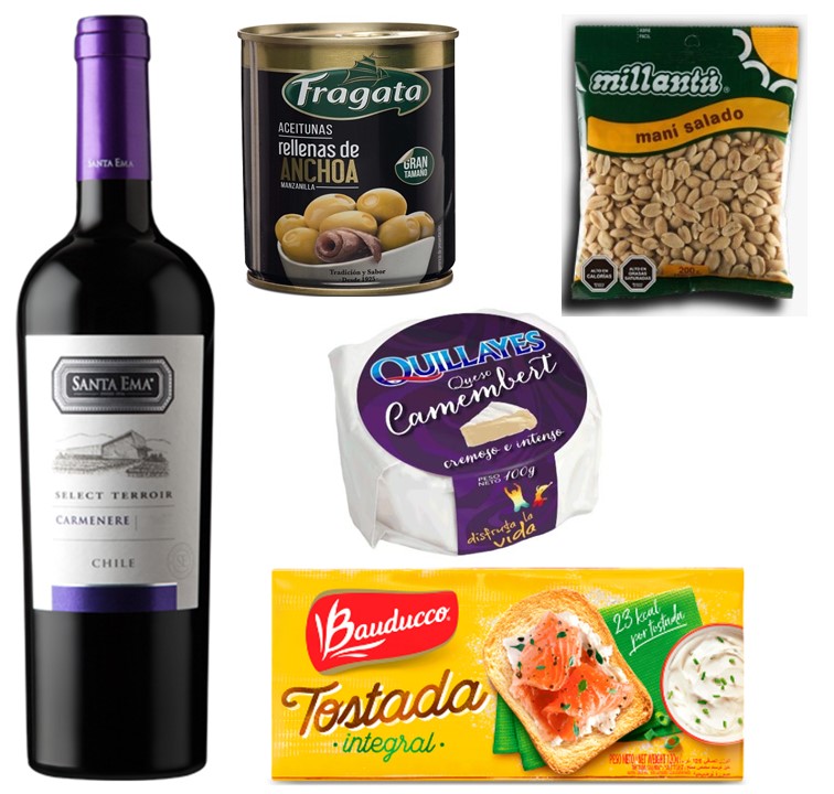 Vino, Queso Camembert, Man�, Aceitunas y Tostadas
