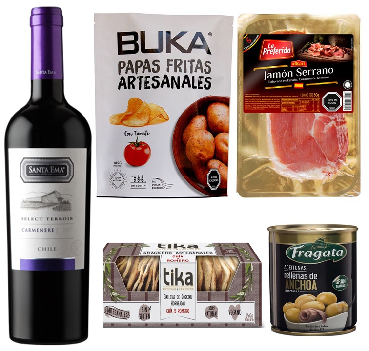 Vino, Jam�n Serrano, Papas Artesanales, Galletas Crackers y Aceitunas